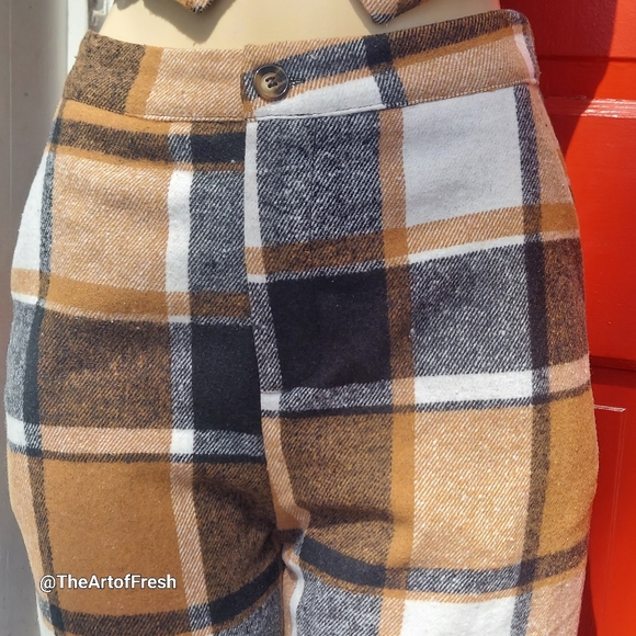 2 Piece Coffee Brown Plaid Cropped Trouser Pants & Vest Matching Set - Picture 4 of 16